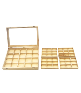 Caja de madera, 56 compartimentos en 2 niveles, tapa con cristal 7,8 x 44,8 x 29,8 cm, 4 bandejas removibles, expositor joyas, organizador, joyero, collares, brazaletes, pendientes, relojes