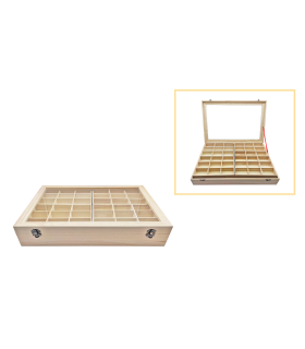 Caja de madera, 56 compartimentos en 2 niveles, tapa con cristal 7,8 x 44,8 x 29,8 cm, 4 bandejas removibles, expositor joyas, organizador, joyero, collares, brazaletes, pendientes, relojes