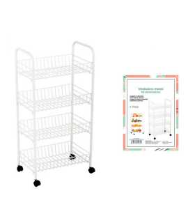 Carrito verdulero blanco metálico con ruedas y 4 cestas 86 x 37 x 25 cm, carro portaobjetos, organizador de alimentos, 4 estantes multiusos, ideal para cocina, aseo, salón, garaje