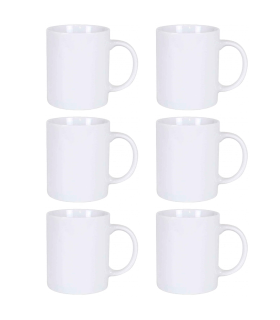 Tradineur - Pack de 6 tazas de cerámica para desayuno, café, infusiones, diseño clásico, aptas para lavavajillas y microondas (Blanco - 300 ml - 9,5 x 8,2 cm)