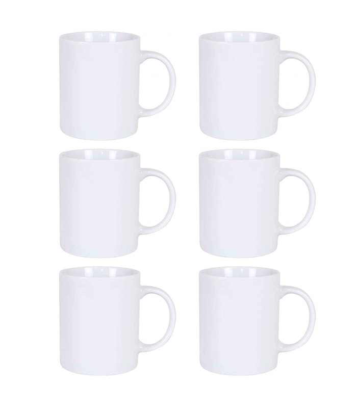 Tradineur - Pack de 6 tazas de cerámica para desayuno, café, infusiones, diseño clásico, aptas para lavavajillas y microondas (Blanco - 300 ml - 9,5 x 8,2 cm)