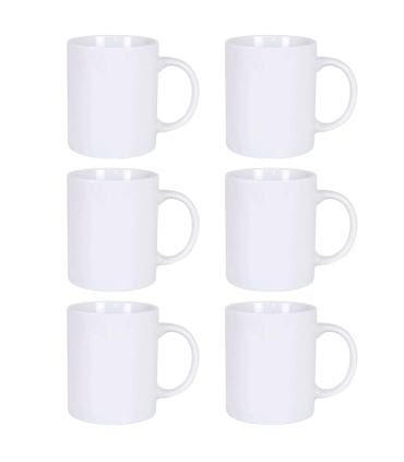 Tradineur - Pack de 6 tazas de cerámica para desayuno, café, infusiones, diseño clásico, aptas para lavavajillas y microondas (Blanco - 300 ml - 9,5 x 8,2 cm)