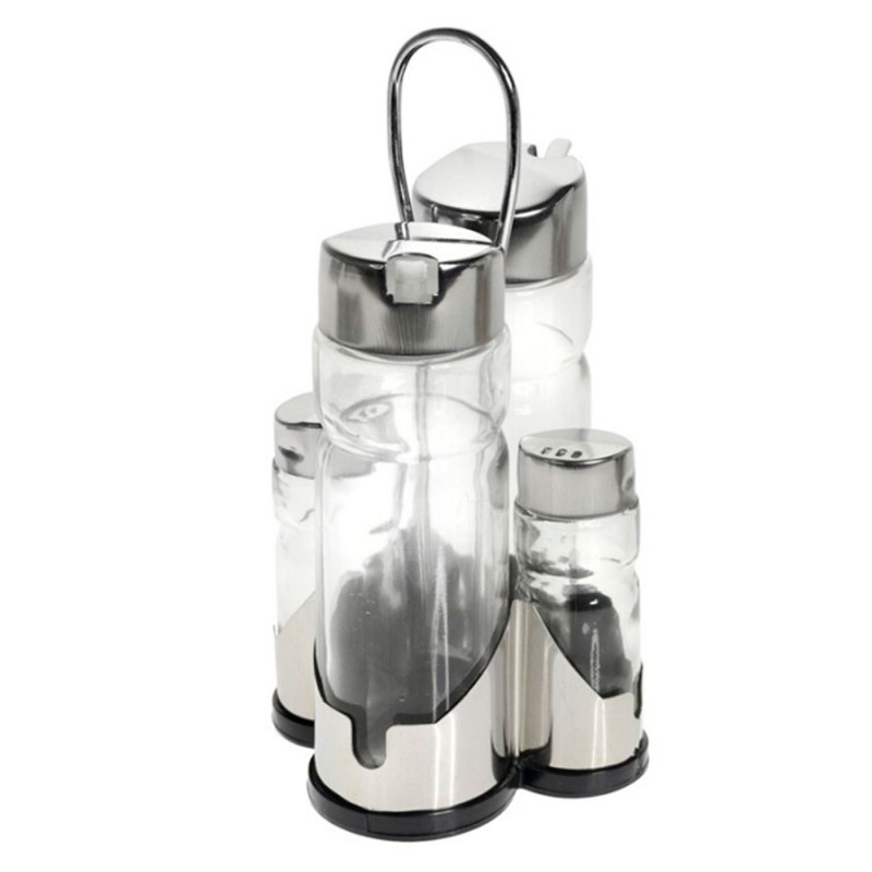Tradineur - Set de aceitera, vinagrera, salero y pimentero de cristal y con boquilla antigoteo, diseño clásico, recipientes rell Tradineur - Set de aceitera, vinagrera, salero y pimentero de cristal y con boquilla antigoteo, diseño clásico, recipientes rell