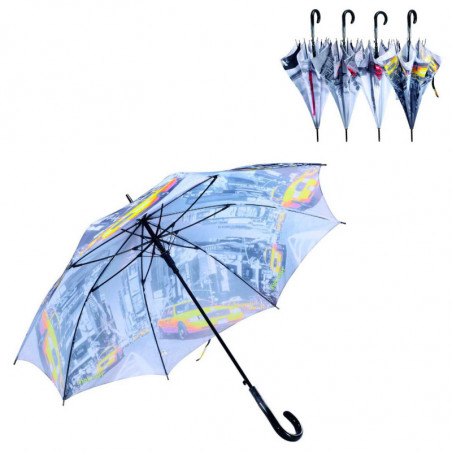 Tradineur - Paraguas largo gris con estampado de ciudades, poliéster, mango de plástico, automático, antiviento, 8 varillas de f