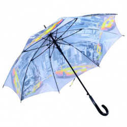 Tradineur - Paraguas largo gris con estampado de ciudades, poliéster, mango de plástico, automático, antiviento, 8 varillas de f