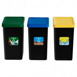 Tradineur - Set de 3 Cubos de Reciclaje - Verde (Vidrio), Amarillo (Envases) y Azul (Papel) - Capacidad: 28 litros - Plástico -