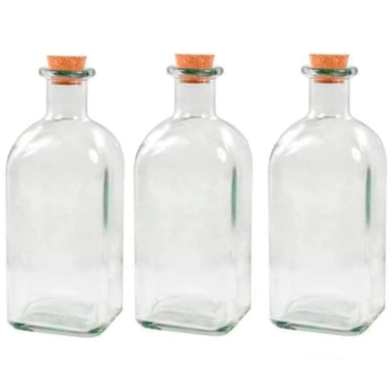 Tradineur - Pack de 3 botellas de vidrio, frascas con tapón de corcho, reutilizables, rellenables, licores, aceite, agua, vino, Tradineur - Pack de 3 botellas de vidrio, frascas con tapón de corcho, reutilizables, rellenables, licores, aceite, agua, vino,