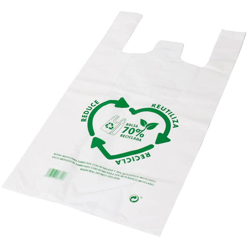 Tradineur - Pack de 25 bolsas de plástico tipo camiseta, reutilizables, gran resistencia, cumplen normativa, aptas para uso alim Tradineur - Pack de 25 bolsas de plástico tipo camiseta, reutilizables, gran resistencia, cumplen normativa, aptas para uso alim