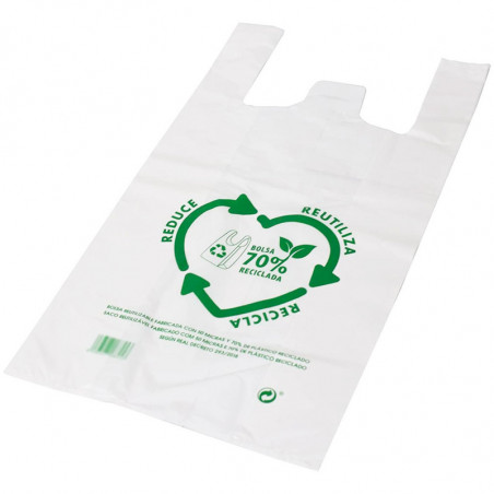 Tradineur - Pack de 25 bolsas de plástico tipo camiseta, reutilizables, gran resistencia, cumplen normativa, aptas para uso alim