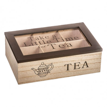 Tradineur - Caja de Madera para té Take a Little Time for Tea - 6 Compartimento - Tapa Superior de Cristal - 7,7 x 23 x 15 cm -