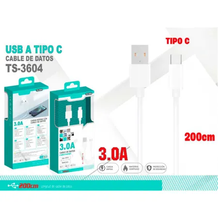 Cable de datos para móvil Tipo C, 3.0A, carga rápida, 2 metros de cable, transferencia de datos de móvil a portátil u otro dispo