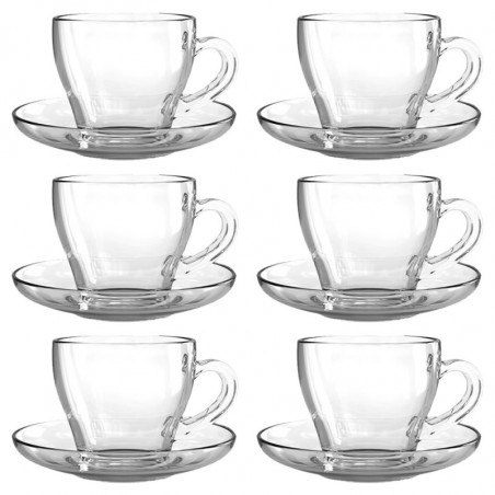 Tradineur - Caja de 6 Tazas con platos Transparentes - Fabricado en Vidrio - Capacidad de 23 cl - Apto para lavavajillas - Ideal