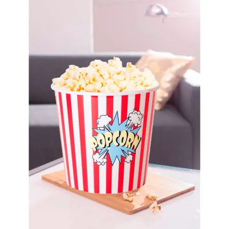 Tradineur - Cubo de palomitas redondo de plástico, recipiente reutilizable para cine en casa, fiestas, celebraciones (Rojo y bla