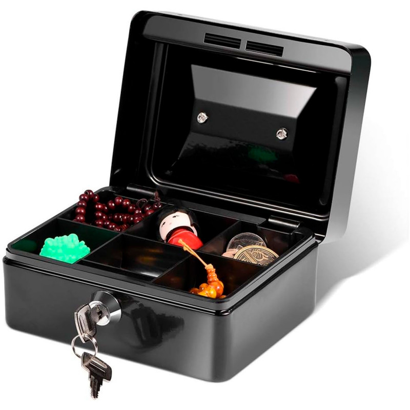 Tradineur - Caja de Caudales Metalica con Llaves - Asa y bandeja con compartimentos para dinero, monedas y billetes - 9 x 20 x 1 Tradineur - Caja de Caudales Metalica con Llaves - Asa y bandeja con compartimentos para dinero, monedas y billetes - 9 x 20 x 1
