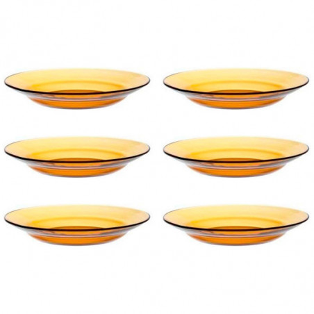 Tradineur - Pack de 6 platos hondos de vidrio, modelo Lys, resistentes, vajilla de cocina, aptos para lavavajillas (Ámbar - Ø 23