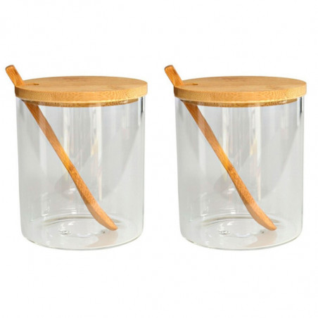 Tradineur - Pack de 2 tarros de vidrio borosilicato con cuchara y tapa de bambú, bote, frasco, recipiente para guardar azúcar, s