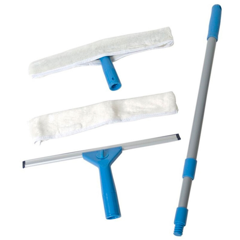 Tradineur - Kit de limpiacristales con mango telescópico, 2 cabezales, escobilla de goma y almohadilla de poliéster, plástico y Tradineur - Kit de limpiacristales con mango telescópico, 2 cabezales, escobilla de goma y almohadilla de poliéster, plástico y
