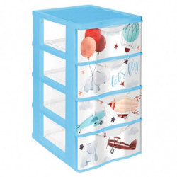 Tradineur - Cajonera de plástico, modelo Wagon Let's Fly, 4 cajones transparentes, torre almacenaje, juguetes, dormitorio infan