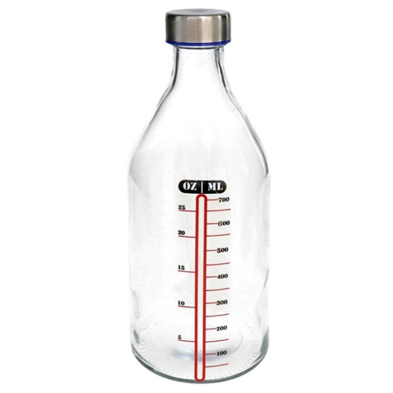 Tradineur - Botella medidora de vidrio con tapón de acero, línea de medida y cierre de rosca, agua, leche, batidos, zumos, licua