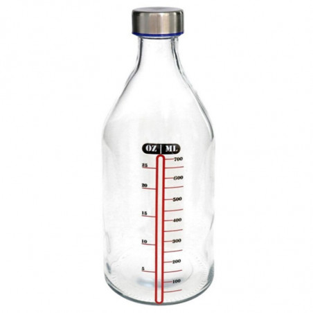 Tradineur - Botella medidora de vidrio con tapón de acero, línea de medida y cierre de rosca, agua, leche, batidos, zumos, licua