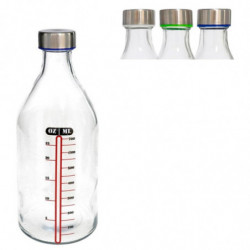 Tradineur - Botella medidora de vidrio con tapón de acero, línea de medida y cierre de rosca, agua, leche, batidos, zumos, licua