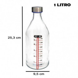 Tradineur - Botella medidora de vidrio con tapón de acero, línea de medida y cierre de rosca, agua, leche, batidos, zumos, licua