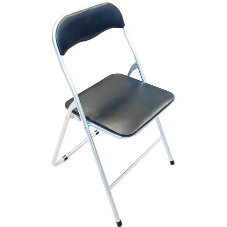 Silla plegable con asiento y respaldo acolchado negro, asiento de 37,5 x 39 cm, estructura metálica gris, 80 x 43 x 45 cm, gomas