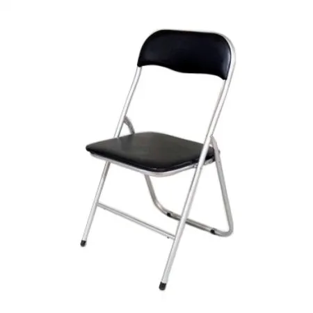 Silla plegable con asiento y respaldo acolchado negro, asiento de 37,5 x 39 cm, estructura metálica gris, 80 x 43 x 45 cm, gomas