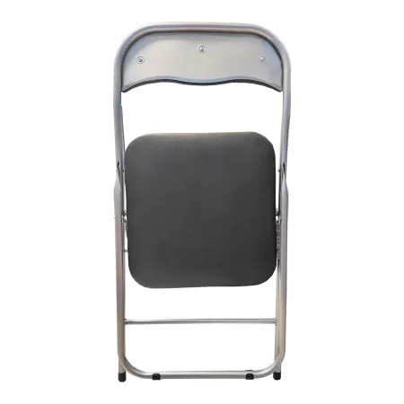 Silla plegable con asiento y respaldo acolchado negro, asiento de 37,5 x 39 cm, estructura metálica gris, 80 x 43 x 45 cm, gomas