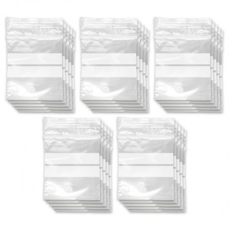 Tradineur - Paquete de 10 Pack de 50 Bolsas herméticas con franjas para Escribir - Aptas para Alimentación y Reutilizables - 500