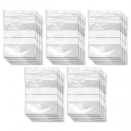 Tradineur - Paquete de 10 Pack de 50 Bolsas herméticas con franjas para Escribir - Aptas para Alimentación y Reutilizables - 500