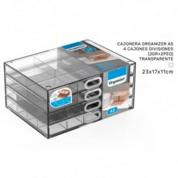 Tradineur - Mini cajonera transparente A5 con 4 cajones y divisiones - Fabricado en plástico - Organizador de cosméticos, acceso