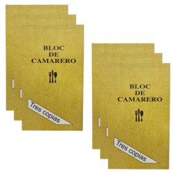 Tradineur - Pack de 6 talonarios comandas camarero, 75 hojas, 25 juegos original + 2 copias, autocopiativas, matriz de corte y t