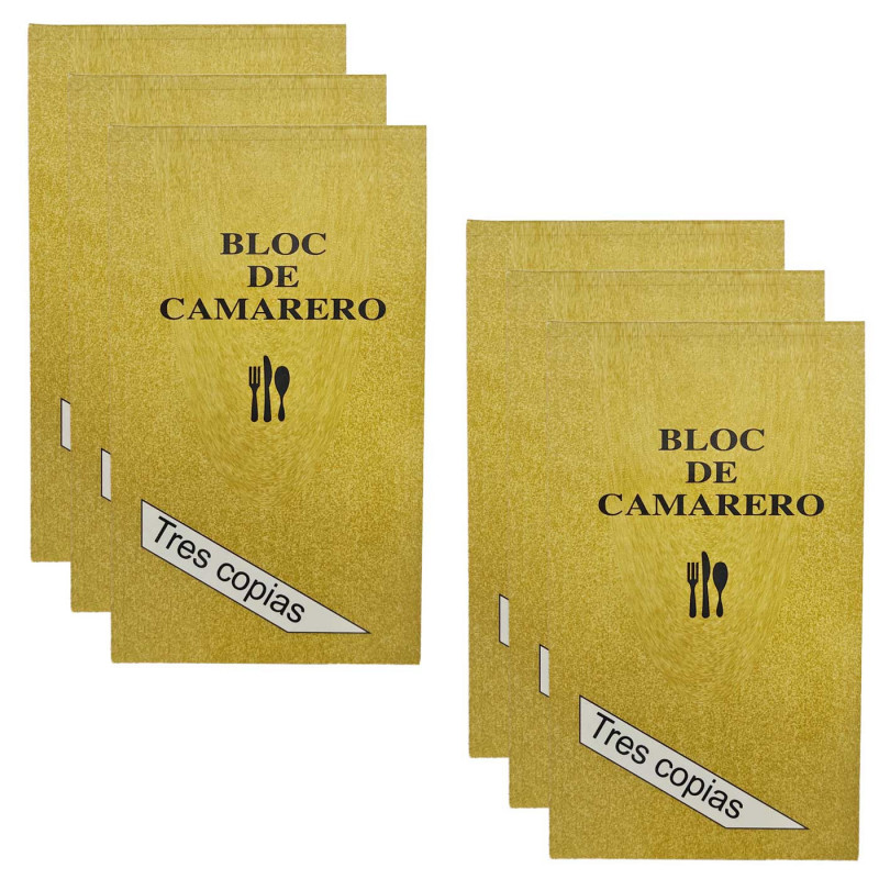 Tradineur - Pack de 6 talonarios comandas camarero, 75 hojas, 25 juegos original + 2 copias, autocopiativas, matriz de corte y t Tradineur - Pack de 6 talonarios comandas camarero, 75 hojas, 25 juegos original + 2 copias, autocopiativas, matriz de corte y t