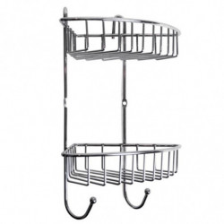 Tradineur - Estantería rinconera de baño, metal cromado, 2 niveles y ganchos, organizador de productos de aseo, higiene, pared,