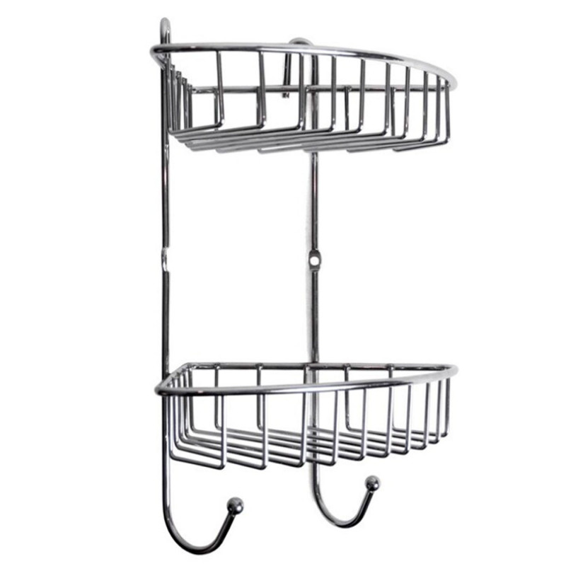 Tradineur - Estantería rinconera de baño, metal cromado, 2 niveles y ganchos, organizador de productos de aseo, higiene, pared, Tradineur - Estantería rinconera de baño, metal cromado, 2 niveles y ganchos, organizador de productos de aseo, higiene, pared,