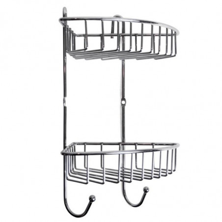 Tradineur - Estantería rinconera de baño, metal cromado, 2 niveles y ganchos, organizador de productos de aseo, higiene, pared,