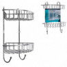 Tradineur - Estantería rinconera de baño, metal cromado, 2 niveles y ganchos, organizador de productos de aseo, higiene, pared,