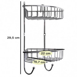Tradineur - Estantería rinconera de baño, metal cromado, 2 niveles y ganchos, organizador de productos de aseo, higiene, pared,