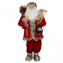 Tradineur - Figura de Papá Noel con esquís, poliéster y plástico, Santa Claus de pie, decoración festiva, adornos Navidad, escap