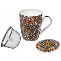 Tradineur - Taza para té, infusiones, incluye filtro y tapa, cerámica y acero inoxidable, mantiene caliente la infusión, regalo