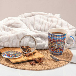 Tradineur - Taza para té, infusiones, incluye filtro y tapa, cerámica y acero inoxidable, mantiene caliente la infusión, regalo