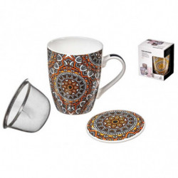 Tradineur - Taza para té, infusiones, incluye filtro y tapa, cerámica y acero inoxidable, mantiene caliente la infusión, regalo