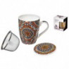 Tradineur - Taza para té, infusiones, incluye filtro y tapa, cerámica y acero inoxidable, mantiene caliente la infusión, regalo