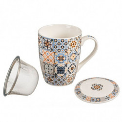 Tradineur - Taza para té, infusiones, incluye filtro y tapa, cerámica y acero inoxidable, mantiene caliente la infusión, regalo