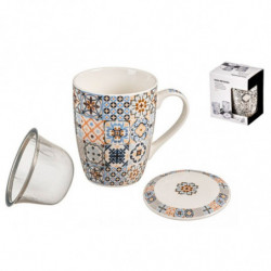 Tradineur - Taza para té, infusiones, incluye filtro y tapa, cerámica y acero inoxidable, mantiene caliente la infusión, regalo