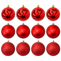 Tradineur - Pack de 12 Bolas de Navidad Modelos surtidos - Fabricado en Plástico - Cordón Dorado - Decoración de Navidad - Ø 6 c