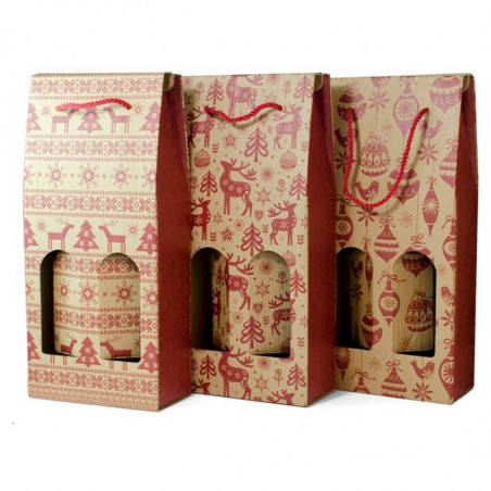 Tradineur - Pack de 3 Cajas plegables de cartón con ventanas para 2 botellas de vino - Incluyen cuerda como asa - Diseños navide