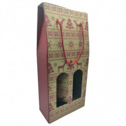 Tradineur - Pack de 3 Cajas plegables de cartón con ventanas para 2 botellas de vino - Incluyen cuerda como asa - Diseños navide