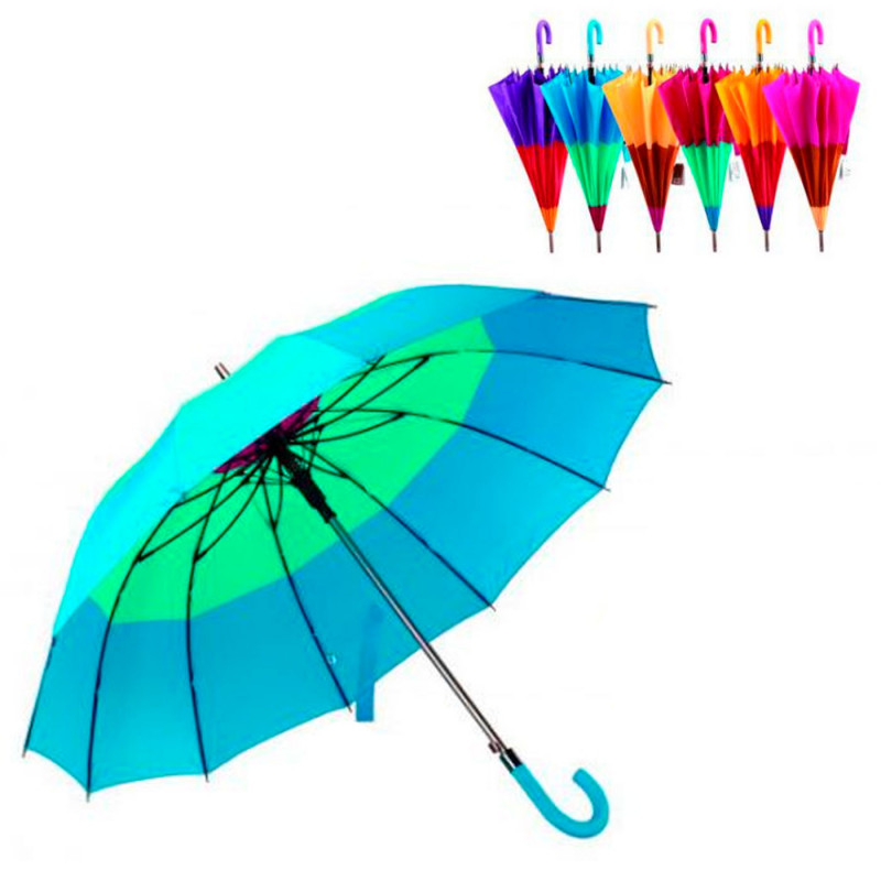 Tradineur - Paraguas largo tricolor, aluminio y poliéster, mango de goma, automático, antiviento, 12 varillas de fibra, ligero y Tradineur - Paraguas largo tricolor, aluminio y poliéster, mango de goma, automático, antiviento, 12 varillas de fibra, ligero y